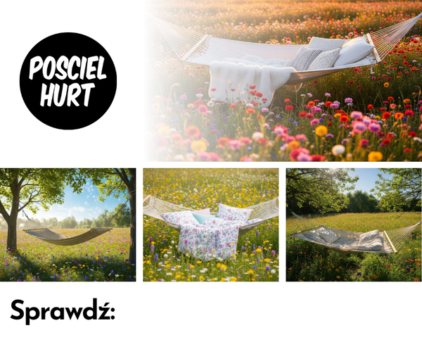 Zdjęcie przedstawia pościele na hamaku w piękny letni poranek