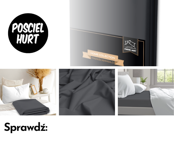 Zdjęcie przedstawia nową wersję prześcieradła na czterech różnych ujęciach oraz logo poscie-hurt