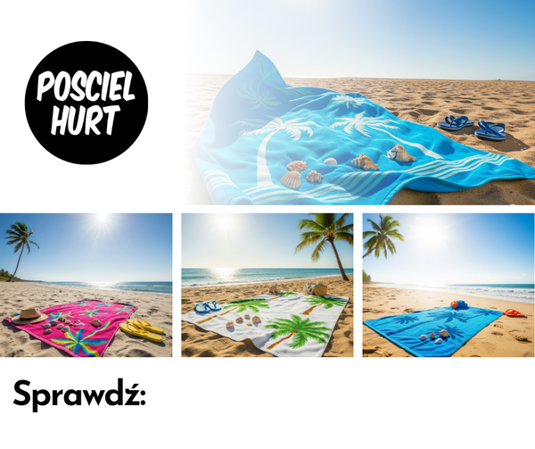 Zdjęcie przedstawia ręcznik na plaży w czterech różnych ujęciach.
