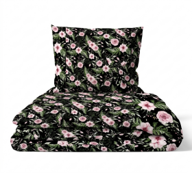 Pościel z Kory 140x200 + 1x70x80 Bawełna 100% Bielawa Produkt Polski - Róża paproci na czarnym