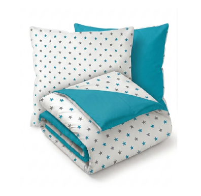 Pościel Dwustronna 160x200cm 2x70x80cm, 140g/m2,100% bawełna wzór: Gwiazdki szaro - turkusowe z turkusem Mix