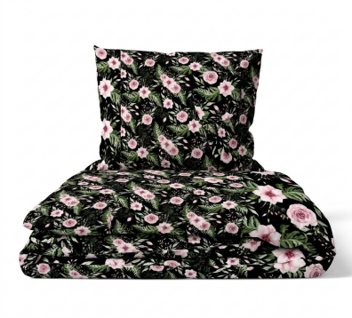 Pościel z Kory 140x200 + 1x70x80 Bawełna 100% Bielawa Produkt Polski - Róża paproci na czarnym