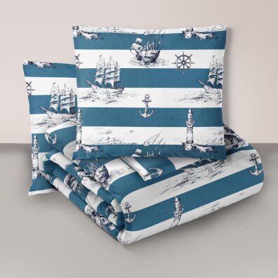 Komplet Pościeli 160x200 + 2x70x80, 100% Bawełna, 140g/m2, wzór: Marynarski