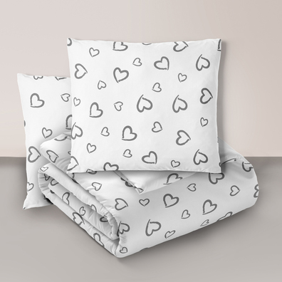 Komplet Pościeli 160x200 + 2x70x80, 100% Bawełna, 140g/m2, wzór: Szare Serca Obwódki na Białym