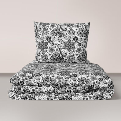 Pościel z Kory 160x200 + 1x70x80 KOMPLET PREMIUM : koronka Czarna na Białym