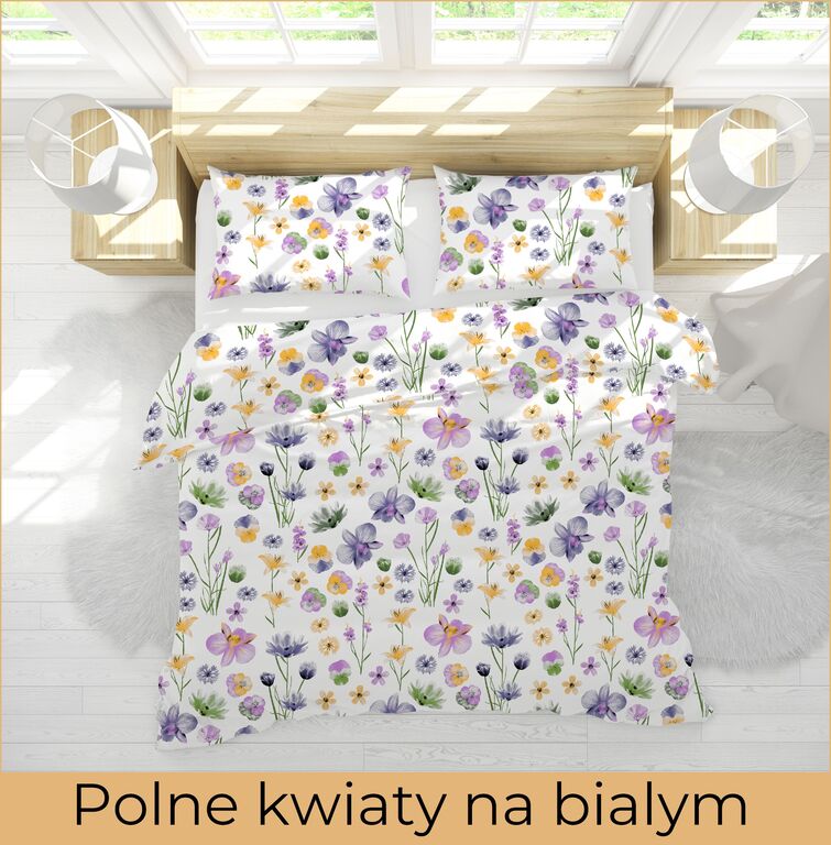Pościel  140x200cm, 70x80cm, 140g/m2, bawełna 100% :  Polne kwiaty na bialym (3)