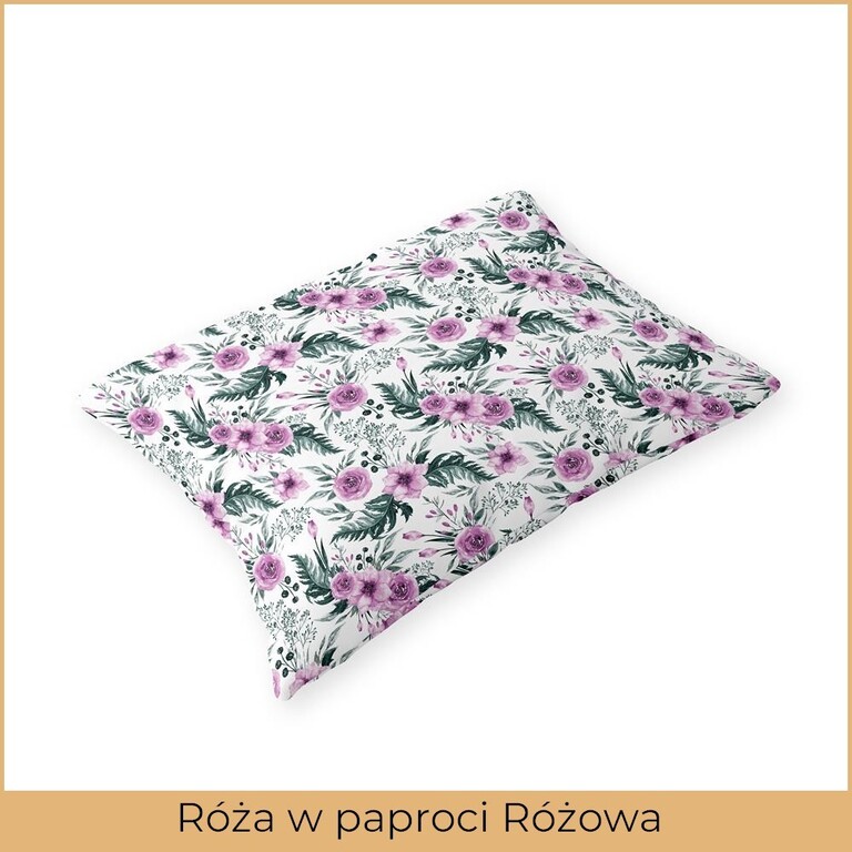 Poszewka na poduszkę 50x70 BAWEŁNA CERTYFIKAT, wzór: Róża w paproci Różowa (2)