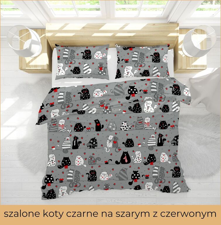 Pościel DZIECIĘCA 140x200 dla dziecka 100% bawełna CERTYFIKAT Szalone Koty Na Szarym z Czerwonym (3)