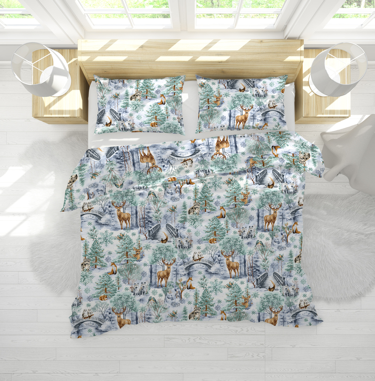 Komplet Pościeli Zimowej 160x200 + 2x70x80, 100% Bawełna, 140g/m2, wzór: Winter Forest Green (7)