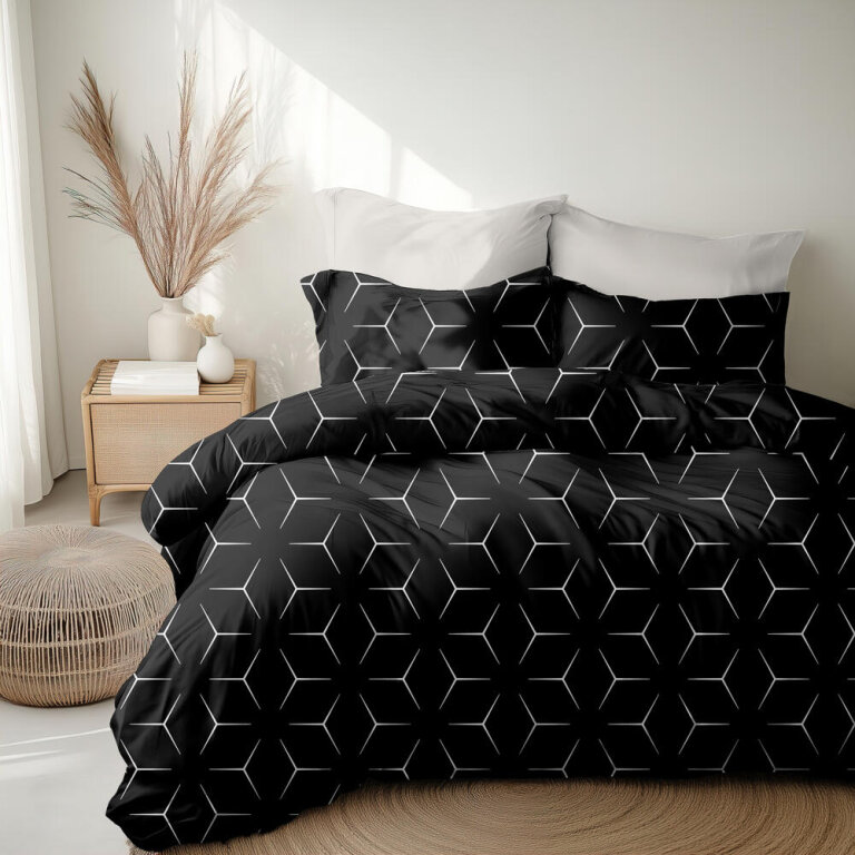 POŚCIEL Z KORY 160x200cm + 2x70x80cm POLSKI PRODUKT MILANO CZARNO BIAŁE (8)