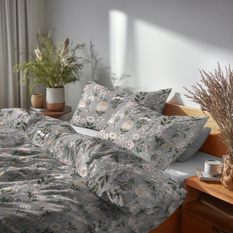 Komplet Pościeli 160x200 + 2x 70x80,  100% Bawełna, 140g/m2, wzór: Kwiatowy Ogród Wanilia szaro różowa (7)
