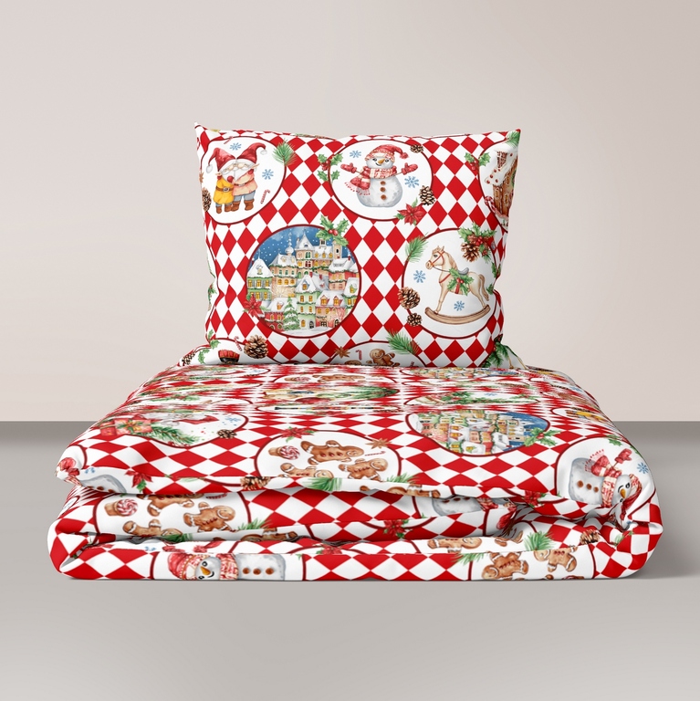Komplet Pościeli Świątecznej 160x200 + 2x70x80, 100% Bawełna, 140g/m2, wzór:  bawełna bombki (1)