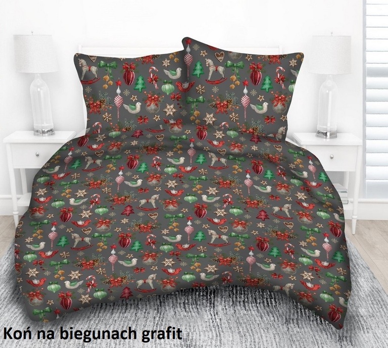 Komplet Pościeli 160x200 + 2x70x80, 100% Bawełna, 140g/m2, wzór: Koń na biegunach grafit (1)