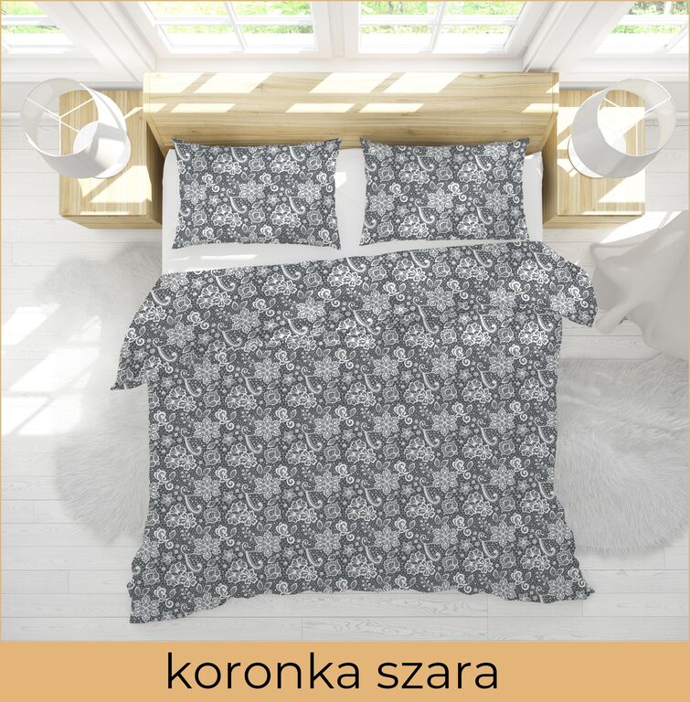 POŚCIEL Z KORY 160x200cm + 2x70x80cm POLSKI PRODUKT WZORY BIELAWA - KORONKA NA SZARYM (3)