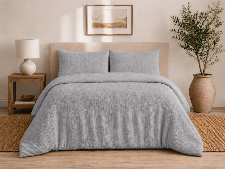 Pościel muślinowa dwuwarstwowa 220x200cm + 2x70x80cm - muślin + bawełna Grey (9)