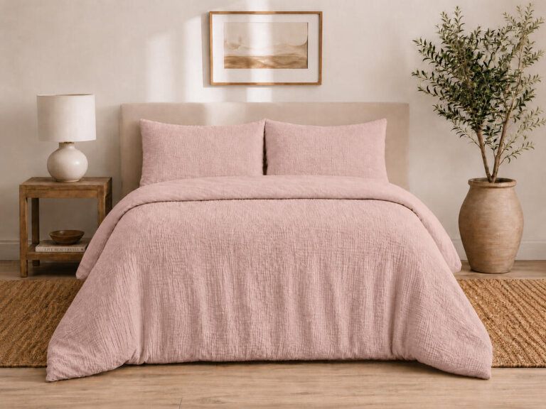 Pościel muślinowa dwuwarstwowa 160x200cm + 2x70x80cm - muślin + bawełna Pink (9)