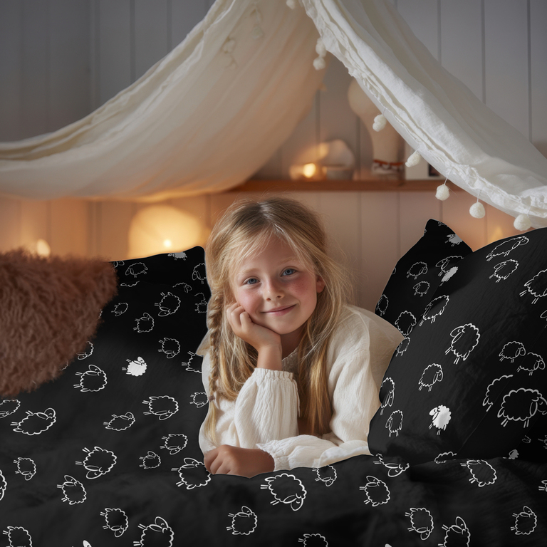 Poszewka na poduszkę 40x60cm BAWEŁNA 100% CERTYFIKAT - Baranki Czarne (3)