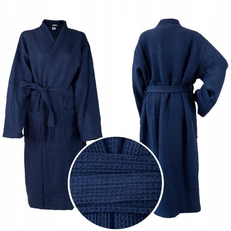 Szlafrok Waflowy Kimono Granatowy Unisex Długi Certyfikat Rozmiar XL (5)