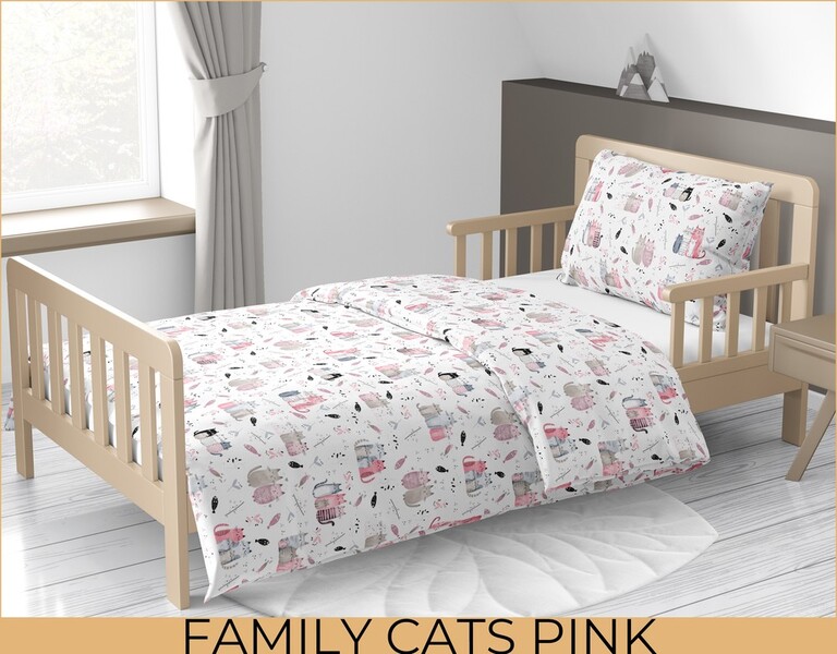 Pościel DZIECIĘCA 140x200 dla dziecka 100% bawełna CERTYFIKAT FAMILY CATS PINK (3)