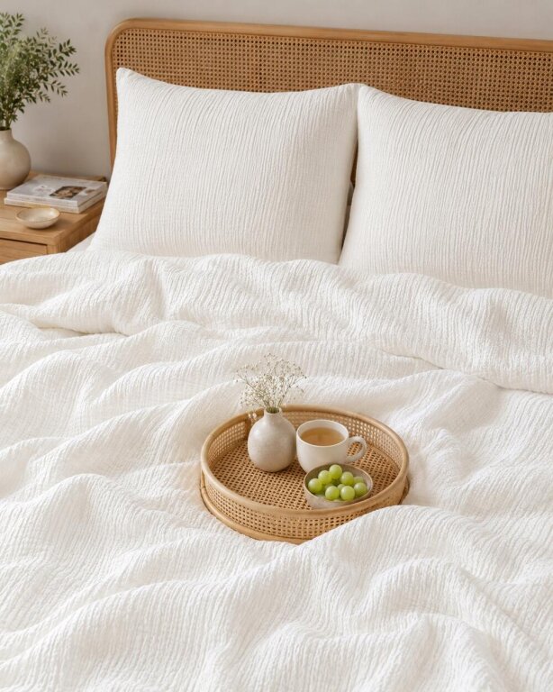 Pościel muślinowa dwuwarstwowa 160x200cm + 2x70x80cm - muślin + bawełna White (11)