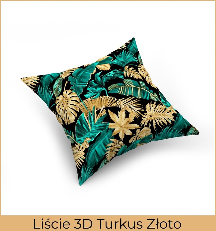 Poszewka na poduszkę jasiek 40x40cm, 100% Bawełna Liście 3D turkus złoto (2)