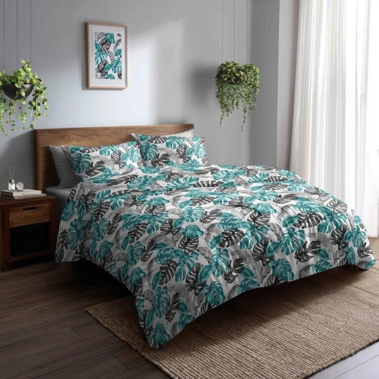 Pościel z Kory 160x200 + 2x70x80 Bawełna 100% Bielawa Produkt Polski - TURKUS LIŚCIE 3D (3)