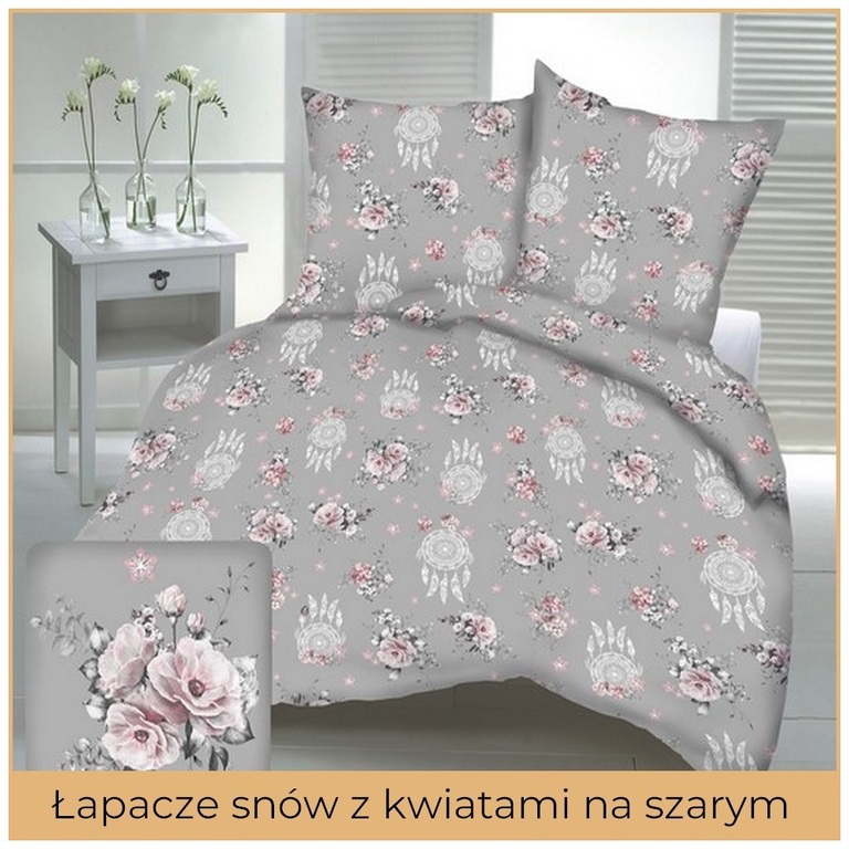 Pościel z kory 160x200 +2szt.70x80 GOLD Łapacz snów z kw. na szarym (1)
