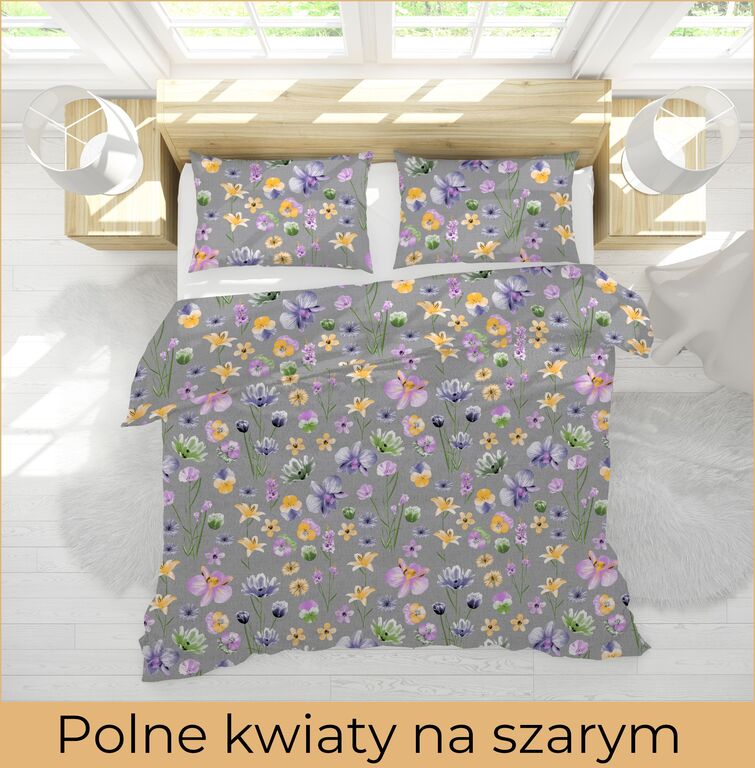 POŚCIEL Z KORY 160x200 + POSZEWKA 70x80 GRUBA POLSKA BAWEŁNA - Kwiaty Polne szare (3)