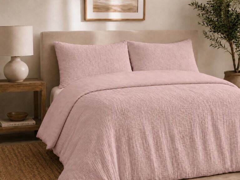 Pościel muślinowa dwuwarstwowa 220x200cm + 2x70x80cm - muślin + bawełna Pink (15)
