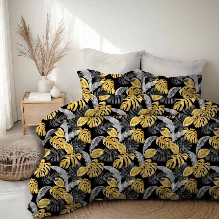 Pościel z Kory 220x200 + 2 poszewki PREMIUM 100% bawełna polska : Czarne liście 3D (3)
