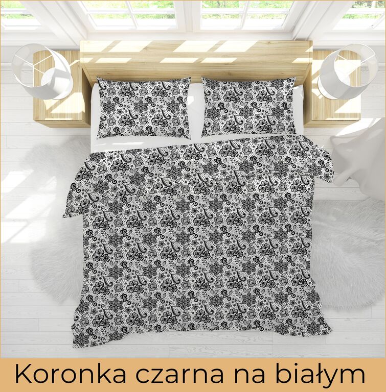 Pościel  140x200cm, 70x80cm, 140g/m2, bawełna 100% : Koronka czarna na białym (3)