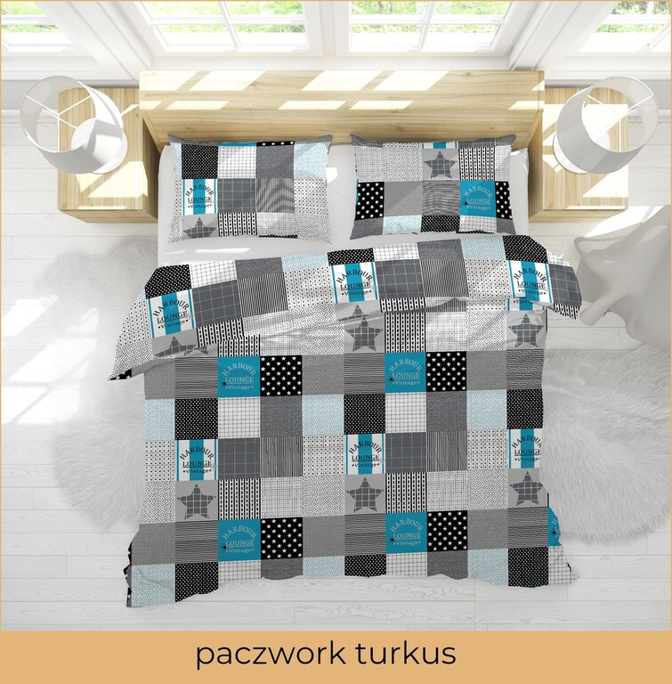 POŚCIEL Z KORY 220x200cm PREMIUM 100% BAWEŁNA wzór: Paczwork gwiazdki turkus (3)