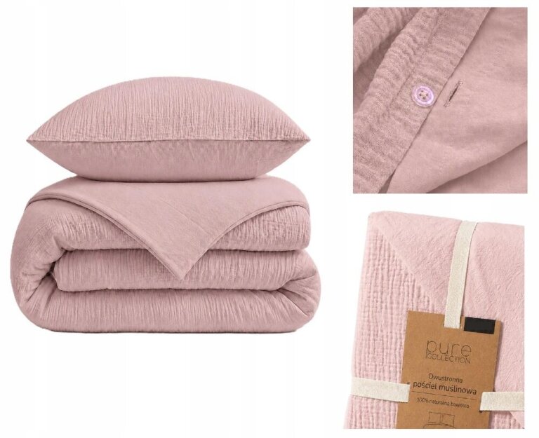 Pościel muślinowa dwuwarstwowa 220x200cm + 2x70x80cm - muślin + bawełna Pink (10)
