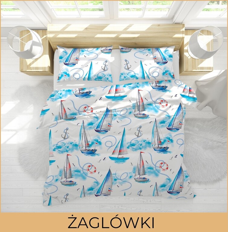 POŚCIEL Z KORY 160x200 + POSZEWKA 70x80 GRUBA  POLSKA BAWEŁNA - Żaglówki (3)