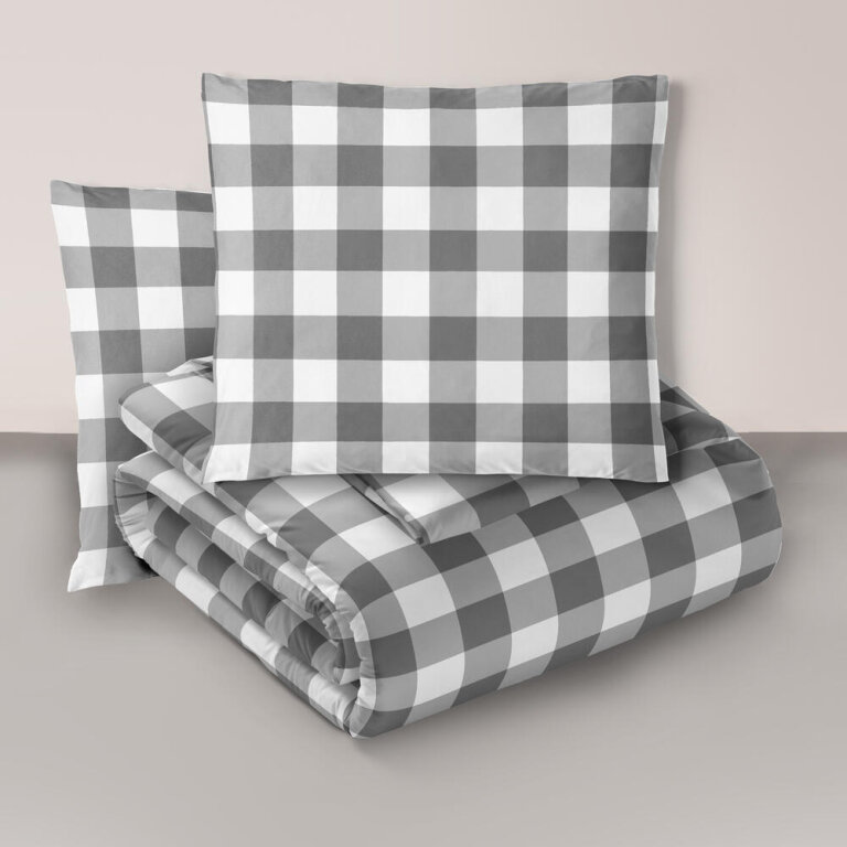 Komplet Pościeli 160x200 + 2x70x80, 100% Bawełna, 140g/m2, wzór:  Krata szara