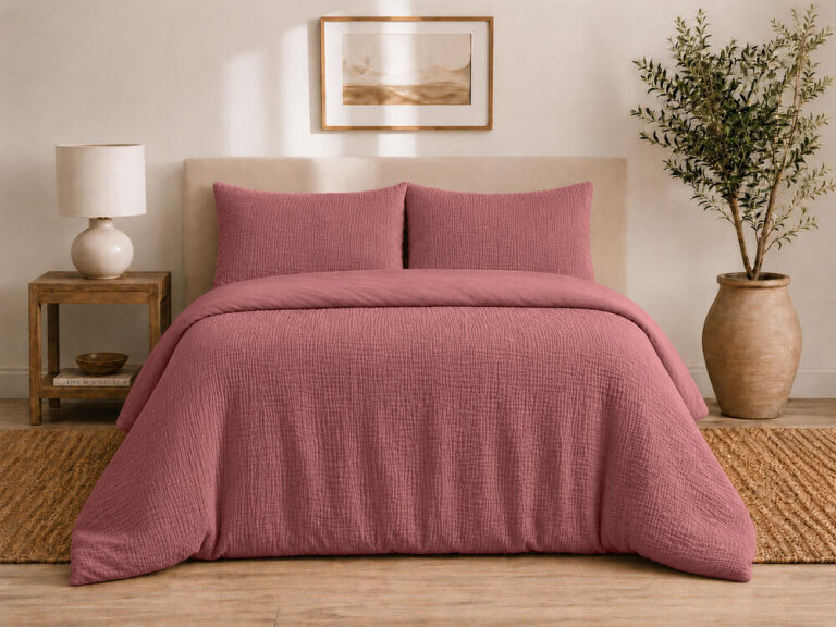 Pościel muślinowa dwuwarstwowa 220x200cm + 2x70x80cm - muślin + bawełna Vintage Rose (9)