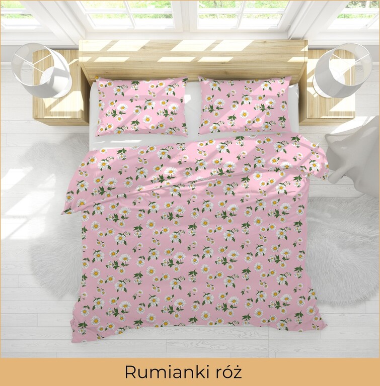 POŚCIEL Z KORY 160x200 + POSZEWKA 70x80 GRUBA  POLSKA BAWEŁNA - Rumianki Róż (3)