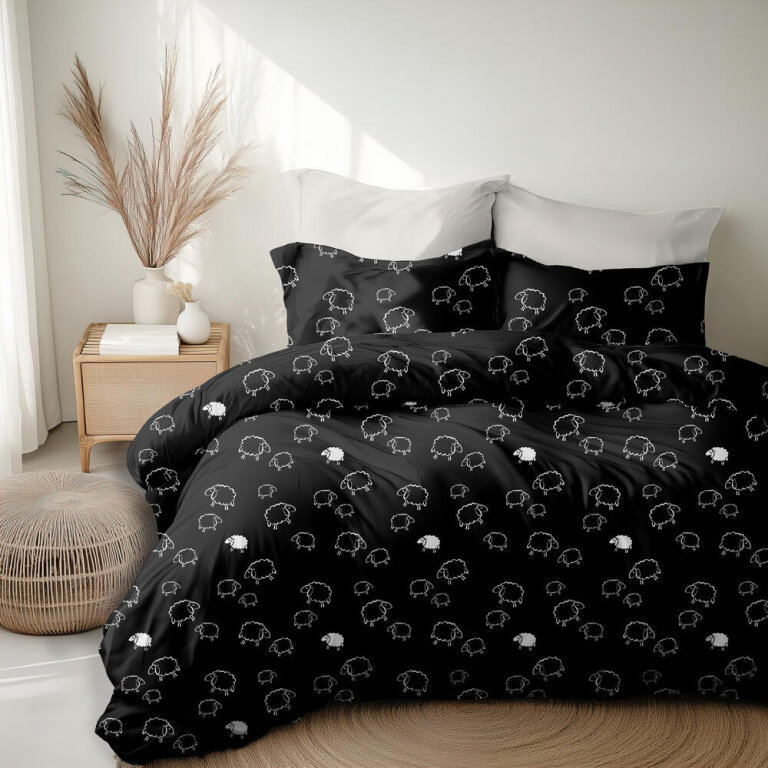 Pościel z kory 200x220 cm + 2x 70x80 cm POLSKA PRODUKCJA , wzór: Baranki Czarne (3)
