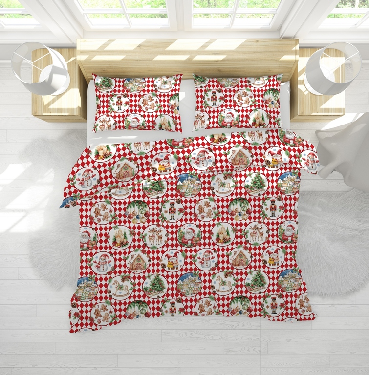 Komplet Pościeli Świątecznej 160x200 + 2x70x80, 100% Bawełna, 140g/m2, wzór:  bawełna bombki (4)