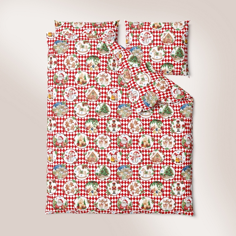 Komplet Pościeli Świątecznej 160x200 + 2x70x80, 100% Bawełna, 140g/m2, wzór:  bawełna bombki (3)