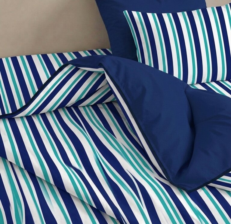 Pościel Dwustronna 160x200cm 2x70x80cm, 140g/m2,100% bawełna wzór: Paski granatowo-turkusowe Mix (2)