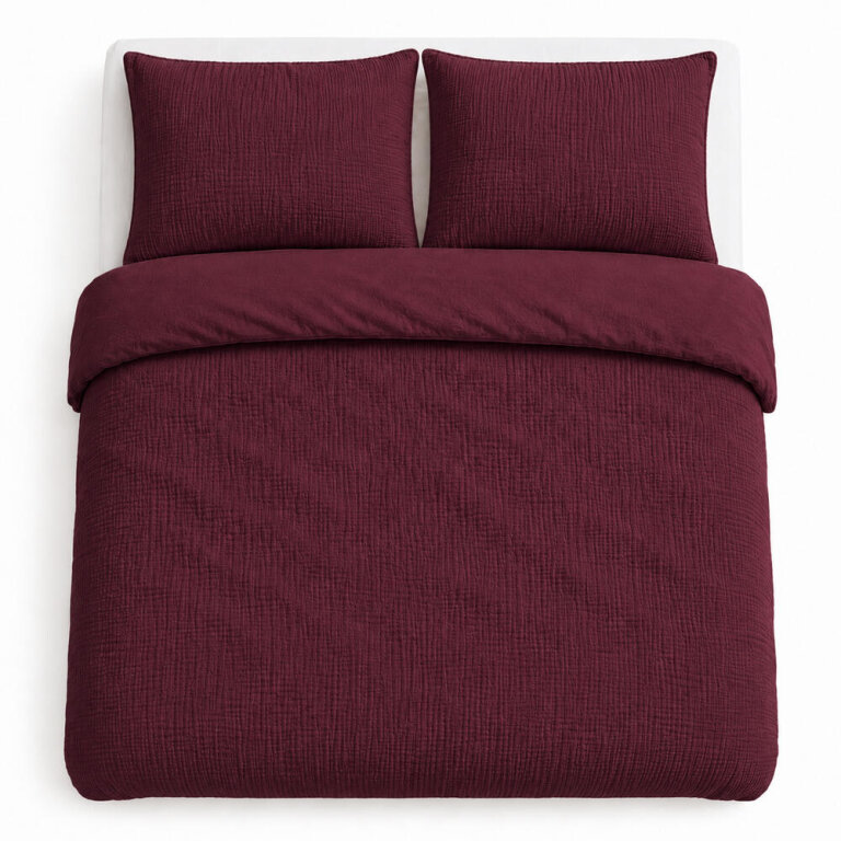 Pościel muślinowa dwuwarstwowa 220x200cm + 2x70x80cm - muślin + bawełna Burgundy (7)