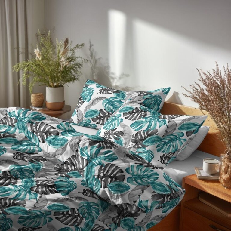 Pościel z Kory 160x200 + 2x70x80 Bawełna 100% Bielawa Produkt Polski - TURKUS LIŚCIE 3D (6)