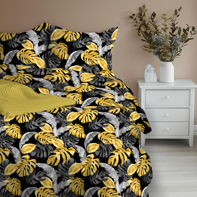 POŚCIEL Z KORY 160x200 + 2x70x80 Bawełna 100% Bielawa Produkt Polski - CZARNE LIŚCIE 3D (6)