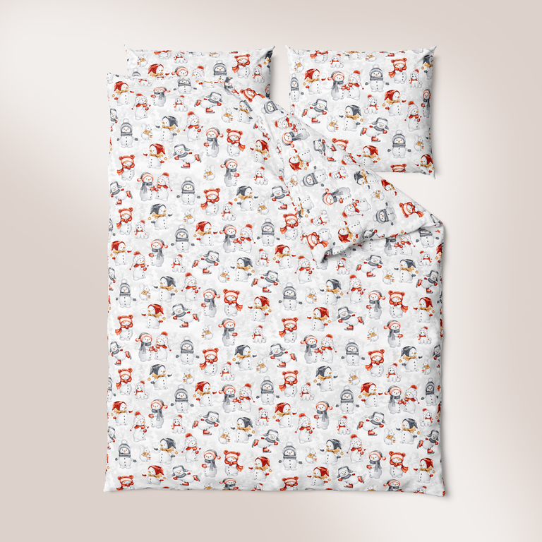 Komplet Pościeli Świątecznej 160x200 + 2x70x80, 100% Bawełna, 140g/m2, wzór: BAŁWANKI (6)