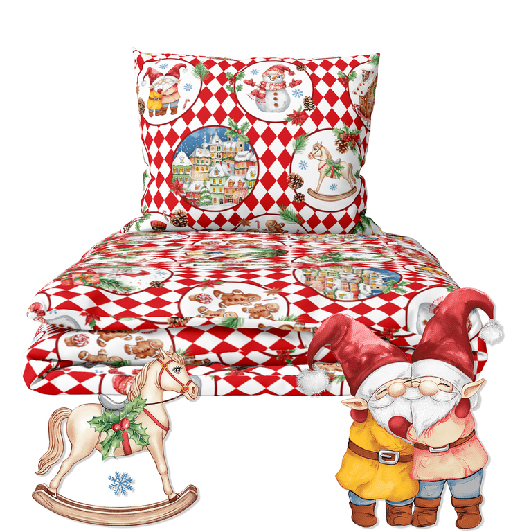 Komplet Pościeli Świątecznej 160x200 + 2x70x80, 100% Bawełna, 140g/m2, wzór:  bawełna bombki (2)