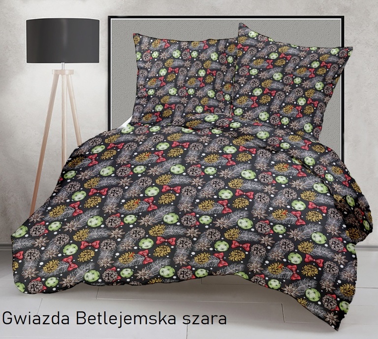 Pościel Zimowa 140x200cm, 70x80cm, 140g/m2, bawełna 100% : Gwiazda Betlejemska szara (1)