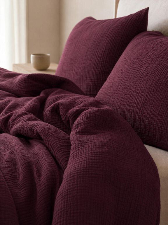 Pościel muślinowa dwuwarstwowa 220x200cm + 2x70x80cm - muślin + bawełna Burgundy (5)