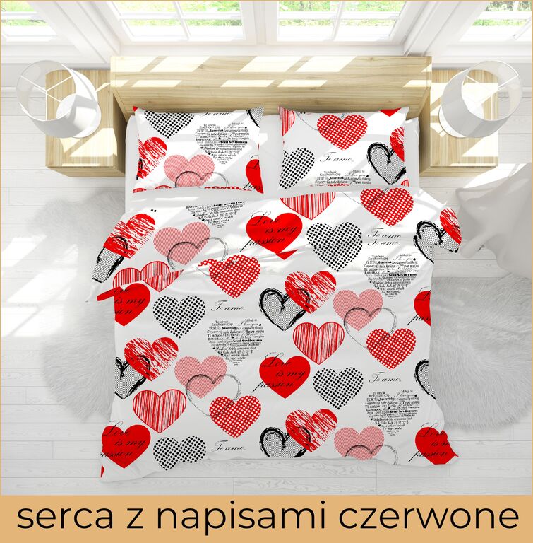 Pościel z kory 140x200cm + 1szt. 70x80cm -PRESTIGE Serca z napisami (3)
