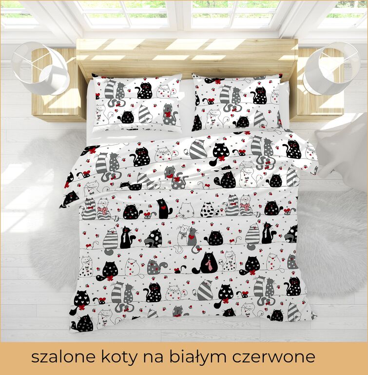 Pościel DZIECIĘCA 160x200cm dla dziecka szalone koty na białym czerwone (3)